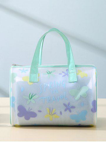 Women's Fashion Daily Travel Letter Butterfly Floral Pattern Semi-sheer PVC Clear Storage Makeup Cosmetic Wash Toiletry Bag - GREEN - M