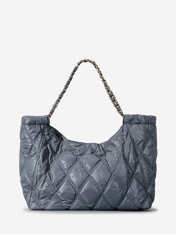 Women's Fashion Daily Metal Chain Straps Quilted Padded Puffer Design Shoulder Bag - SLATE GRAY