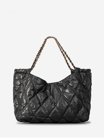 Women's Fashion Daily Metal Chain Straps Quilted Padded Puffer Design Shoulder Bag - BLACK