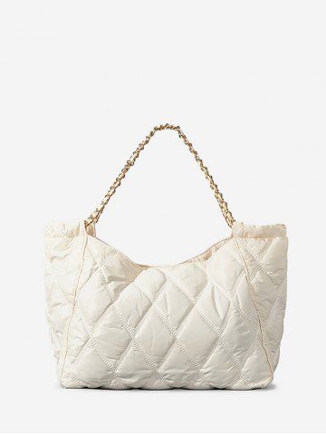 Women's Fashion Daily Metal Chain Straps Quilted Padded Puffer Design Shoulder Bag - CRYSTAL CREAM