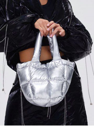 Women's Fashion Daily Streetwear Metallic Solid Color Down Padded Quilted Puffer Design Shoulder Tote Bag - SILVER