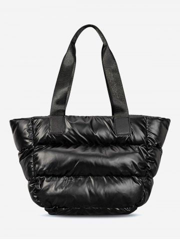 Women's Fashion Daily Puffer Down Padded Quilted Design Shoulder Tote Bag - BLACK