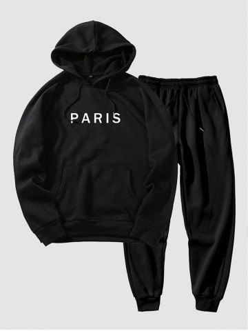 Men's Basic Minimalist Style PARIS Pattern Kangaroo Pocket Fleece-lined Hoodie and Drawstring Beam Feet Jogger Pants Set - BLACK - S