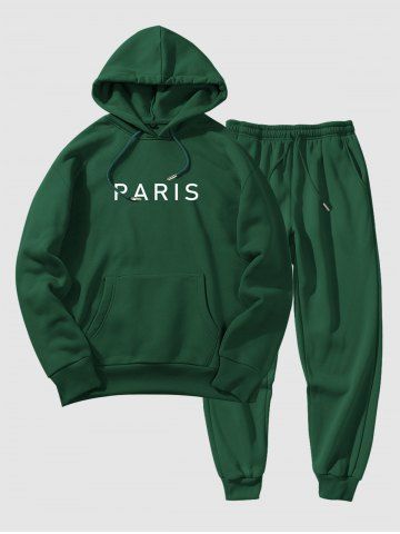Men's Basic Minimalist Style PARIS Pattern Kangaroo Pocket Fleece-lined Hoodie and Drawstring Beam Feet Jogger Pants Set - DEEP GREEN - L