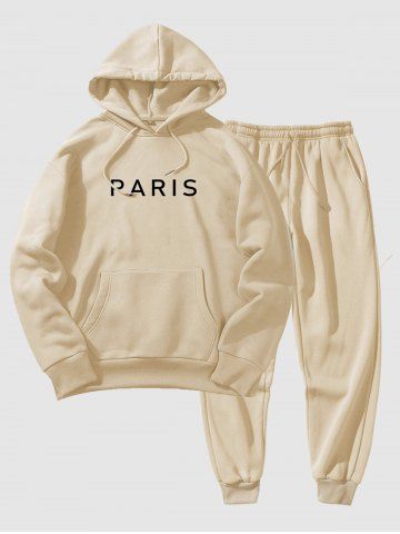 Men's Basic Minimalist Style PARIS Pattern Kangaroo Pocket Fleece-lined Hoodie and Drawstring Beam Feet Jogger Pants Set - LIGHT COFFEE - XL