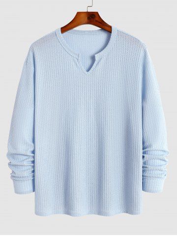 Men's Daily Casual V Notched Knitted Long Sleeve Solid Color T Shirt - LIGHT BLUE - L