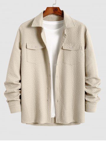 Men's Solid Color Geometric Textured Jacquard Flap Pockets Design Button Front Jacket - LIGHT COFFEE - M