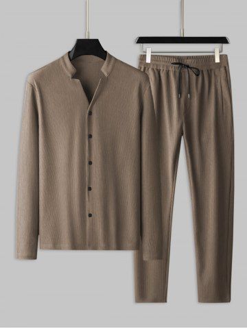Men's Stand Collar Ribbed Jacquard Weave Button Front Long Sleeves Shirt and Straight Leg Drawstring Pants Set - COFFEE - S