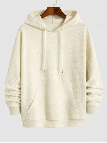 Men's Daily Casual Rhombus Jacquard Kangaroo Pocket Drawstring Long Sleeve Pullover Hoodie