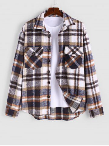 Men's Casual Vintage Style Plaid Wool Blend Flap Pockets Button Up Long Sleeve Cargo Shacket - DEEP BLUE - L