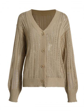 Pointelle Knit Button V Neck Casual Sweater - LIGHT COFFEE - M