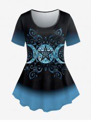 Plus Size Ombre Colorblock Moon Star Floral Figure Print T-shirt -  