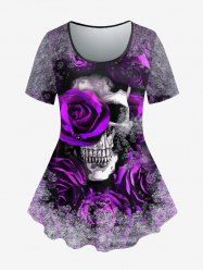 Plus Size Halloween Skull Flower Fog Print T-shirt -  