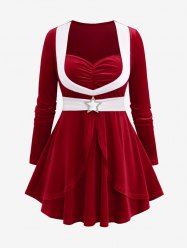 Plus Size Ruffles Ruched Layered Heart Buckle Belted Long Sleeves Velvet Christmas Top -  
