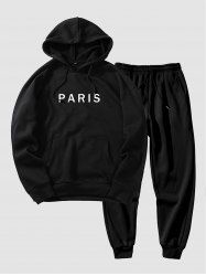 Men's Basic Minimalist Style PARIS Pattern Kangaroo Pocket Fleece-lined Hoodie and Drawstring Beam Feet Jogger Pants Set -  