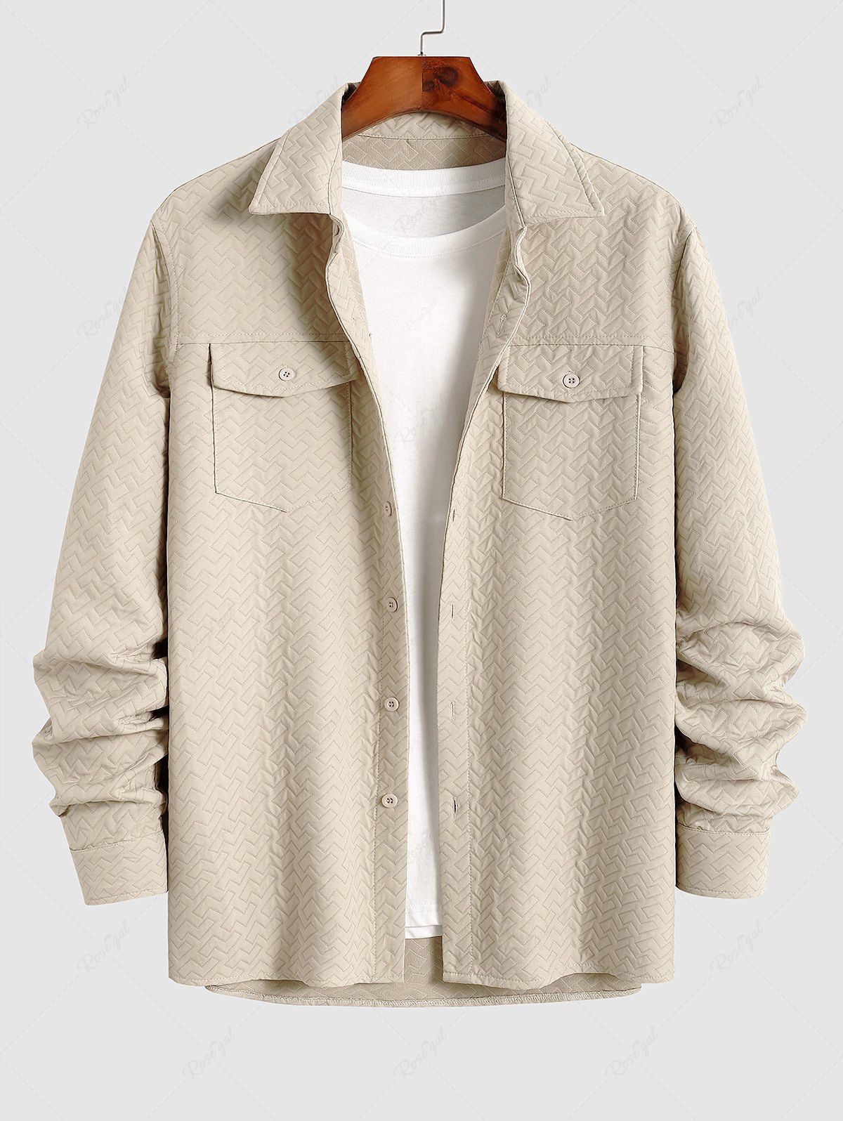 Hot Men's Solid Color Geometric Textured Jacquard Flap Pockets Design Button Front Jacket  