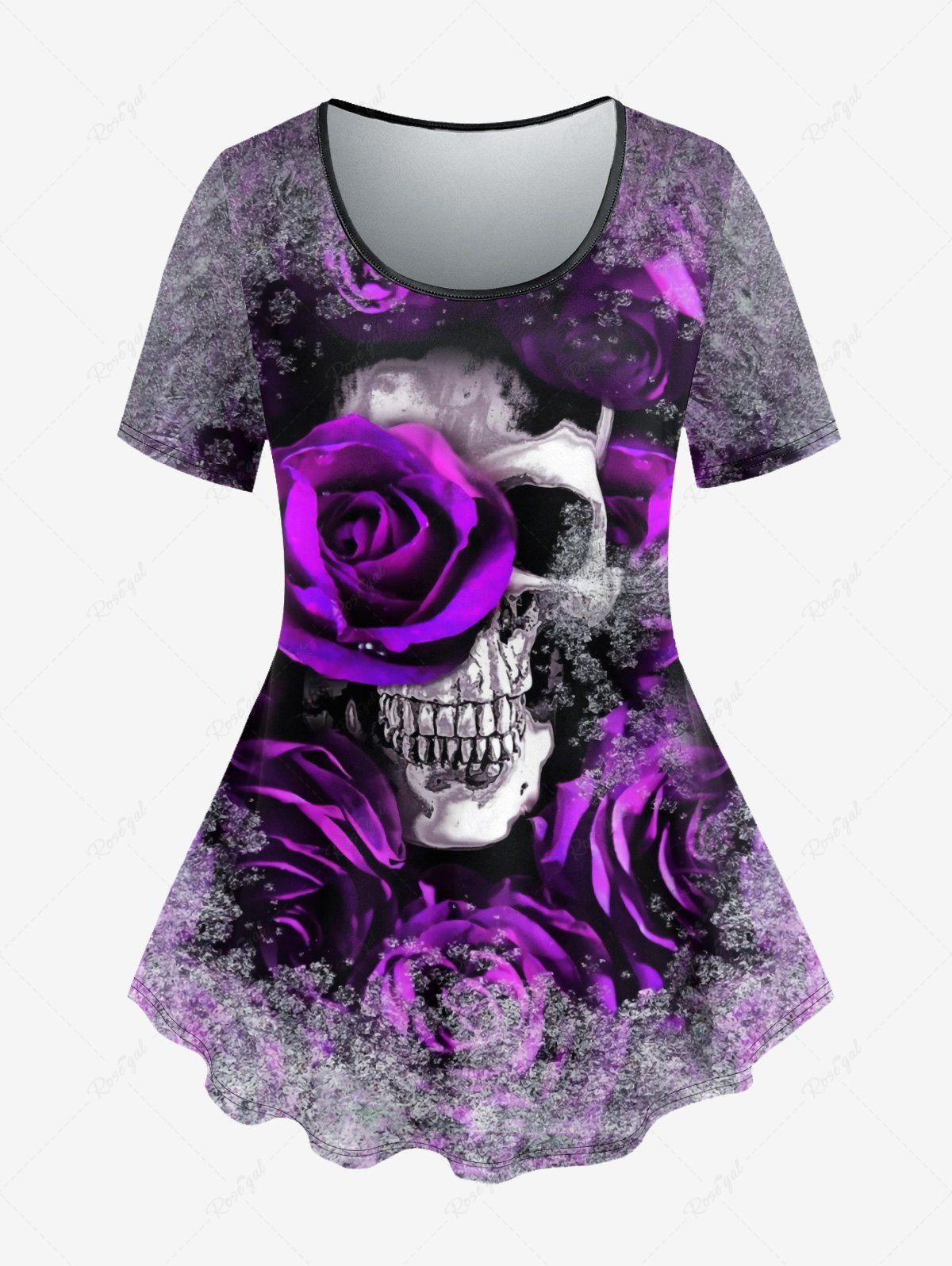 Online Plus Size Halloween Skull Flower Fog Print T-shirt  
