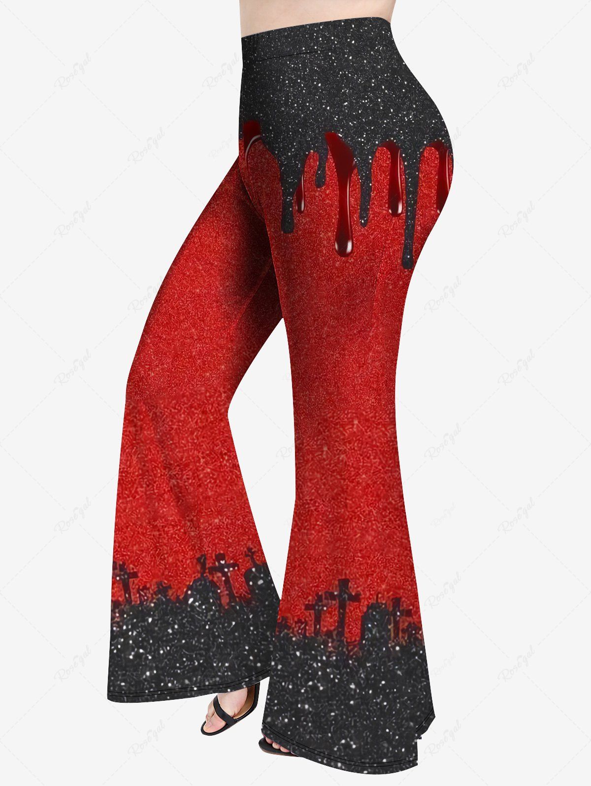 Pantalon Evasé 3D Peinture Eclaboussée Imprimée de Grande Taille à Paillettes Rouge 6X