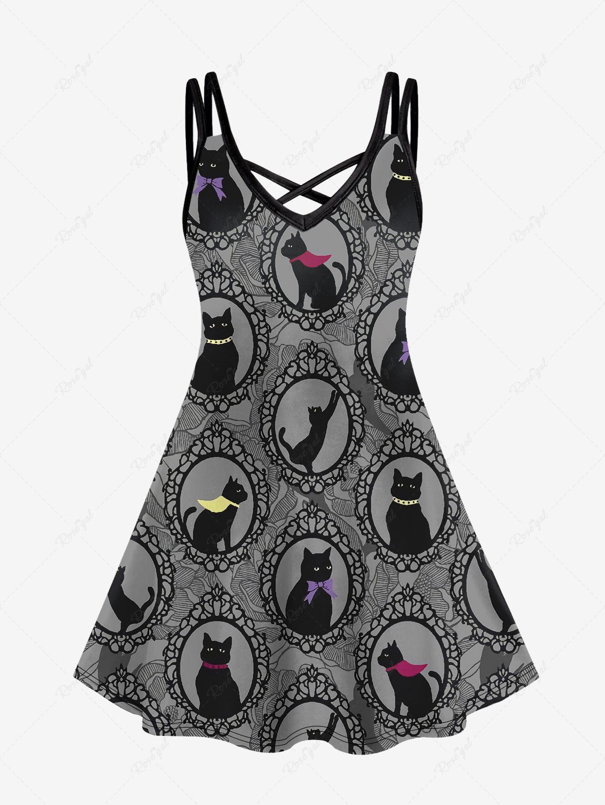 Trendy Plus Size Cat Flower Print Crisscross Cami Dress  