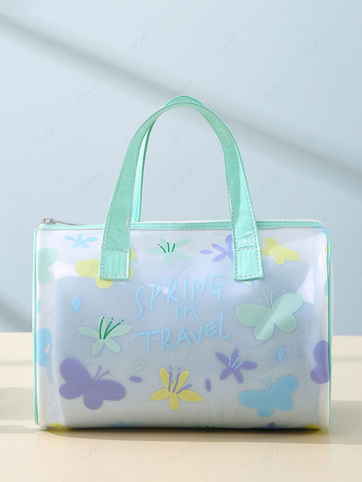 Sac de Rangement de Toilette de Voyage Transparent Lettre Papillon Fleuri en PVC Vert M