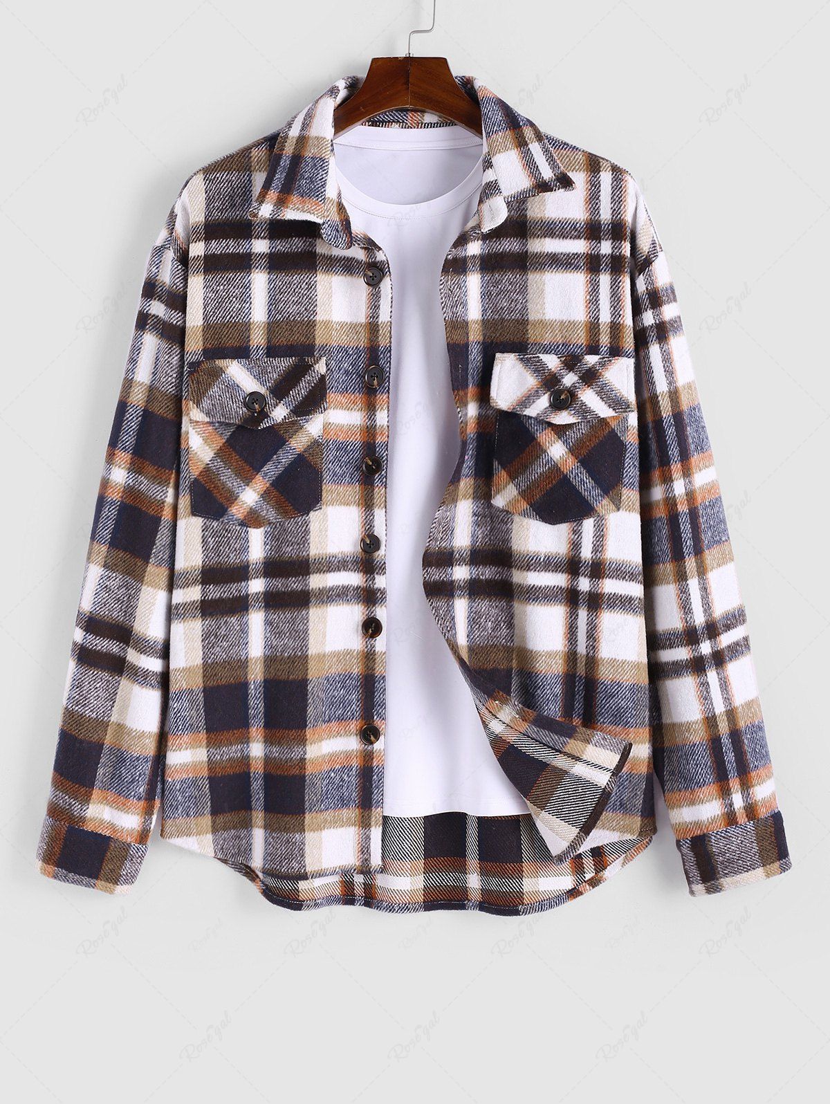 Cheap Men's Casual Vintage Style Plaid Wool Blend Flap Pockets Button Up Long Sleeve Cargo Shacket  