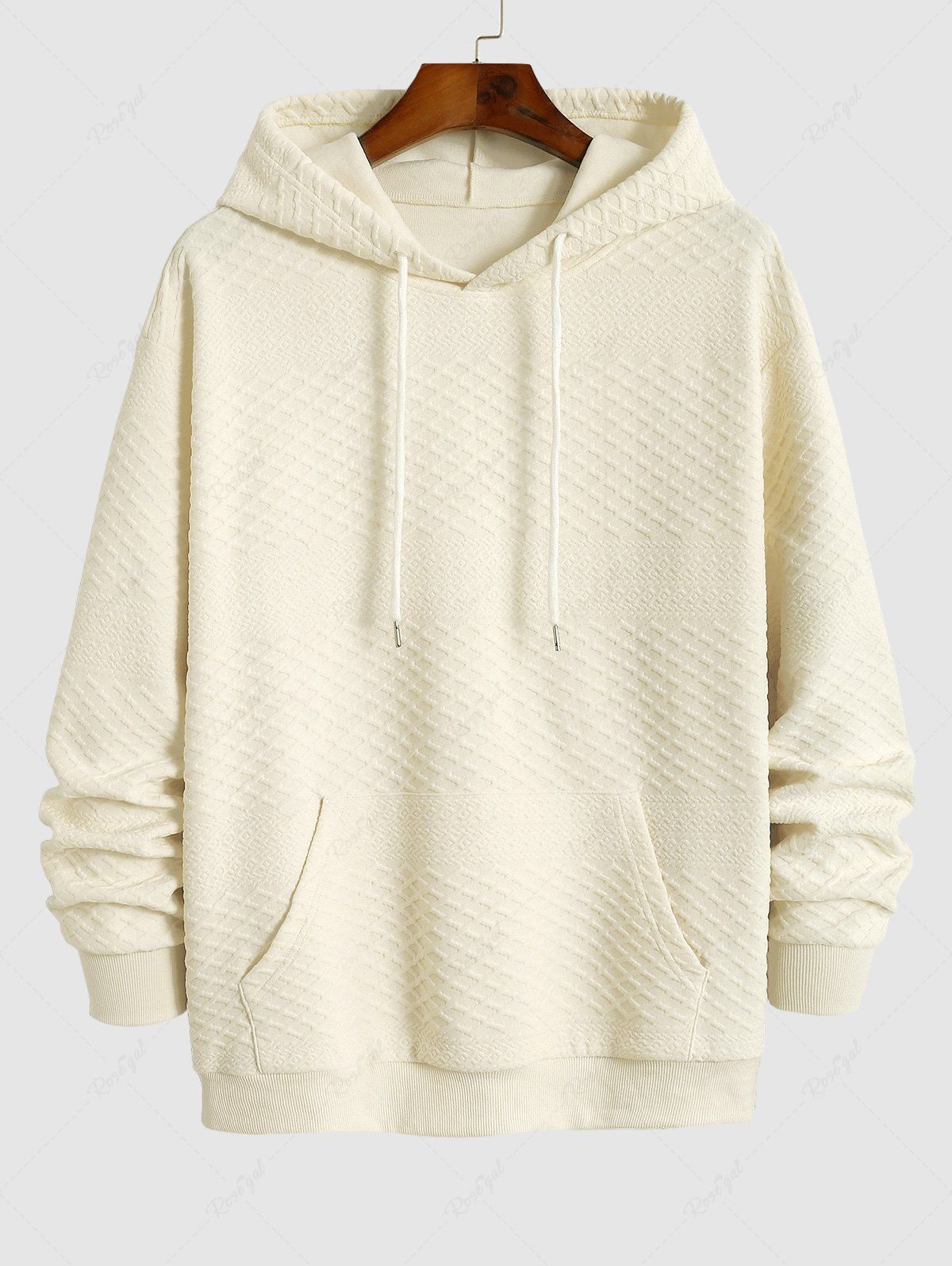 New Men's Daily Casual Rhombus Jacquard Kangaroo Pocket Drawstring Long Sleeve Pullover Hoodie  