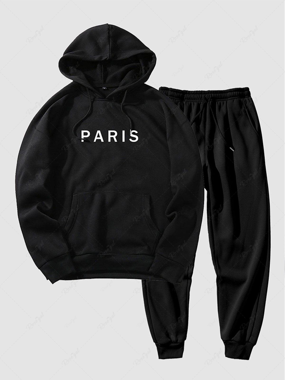 Fancy Men's Basic Minimalist Style PARIS Pattern Kangaroo Pocket Fleece-lined Hoodie and Drawstring Beam Feet Jogger Pants Set  