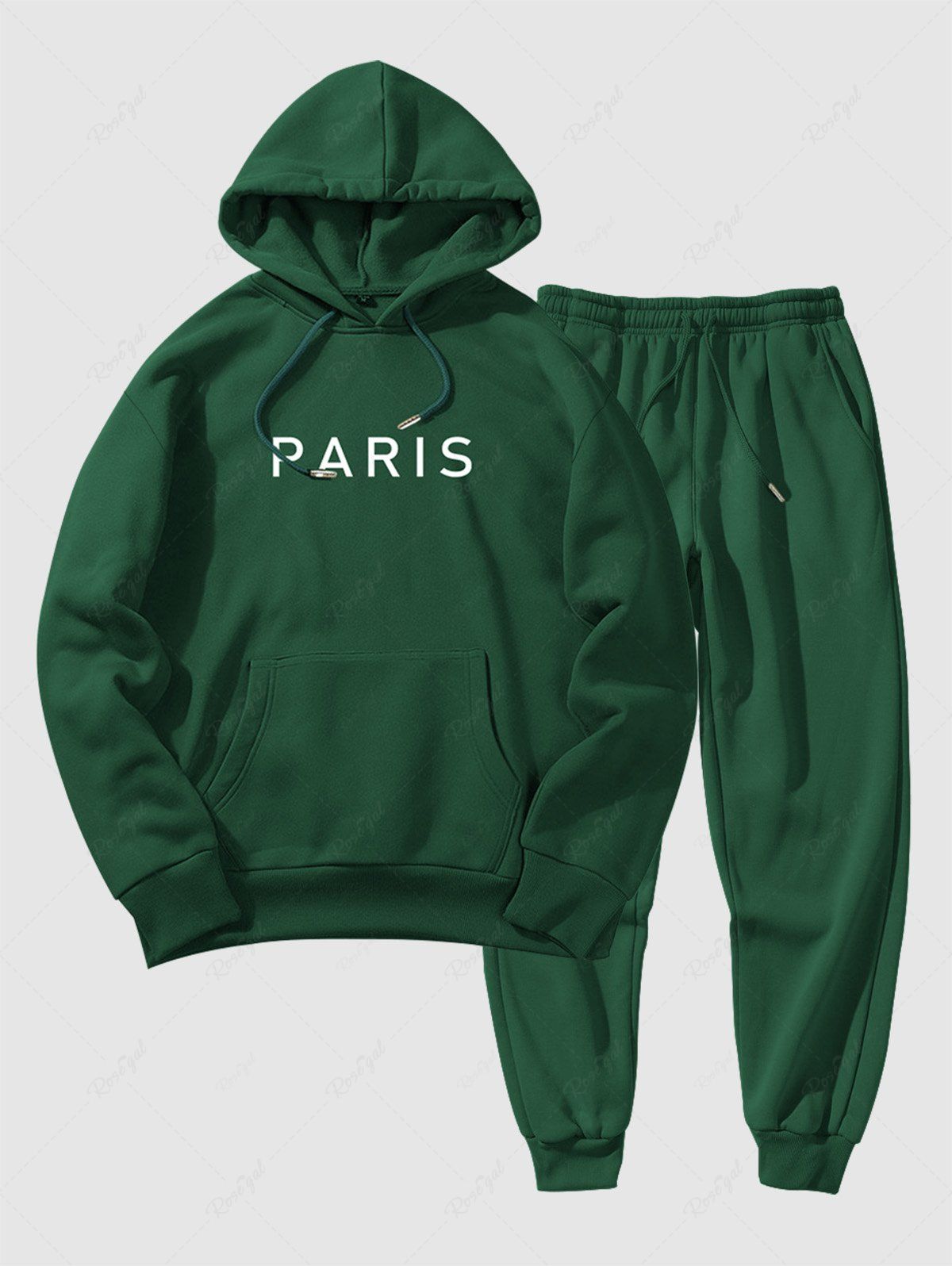 Latest Men's Basic Minimalist Style PARIS Pattern Kangaroo Pocket Fleece-lined Hoodie and Drawstring Beam Feet Jogger Pants Set  