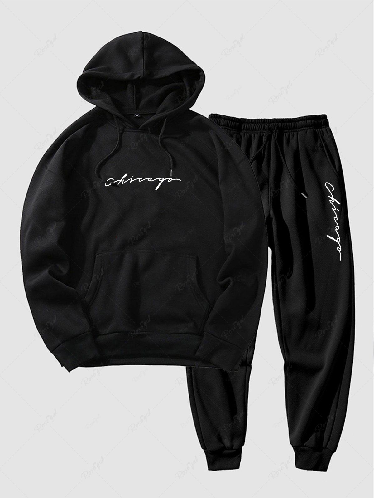 Sale Men's Fleece Thermal Lined Casual Chicago Letter Kangaroo Pocket Basic Hoodie Drawstring Jogger Sweatpants Matching Two Piece Set  