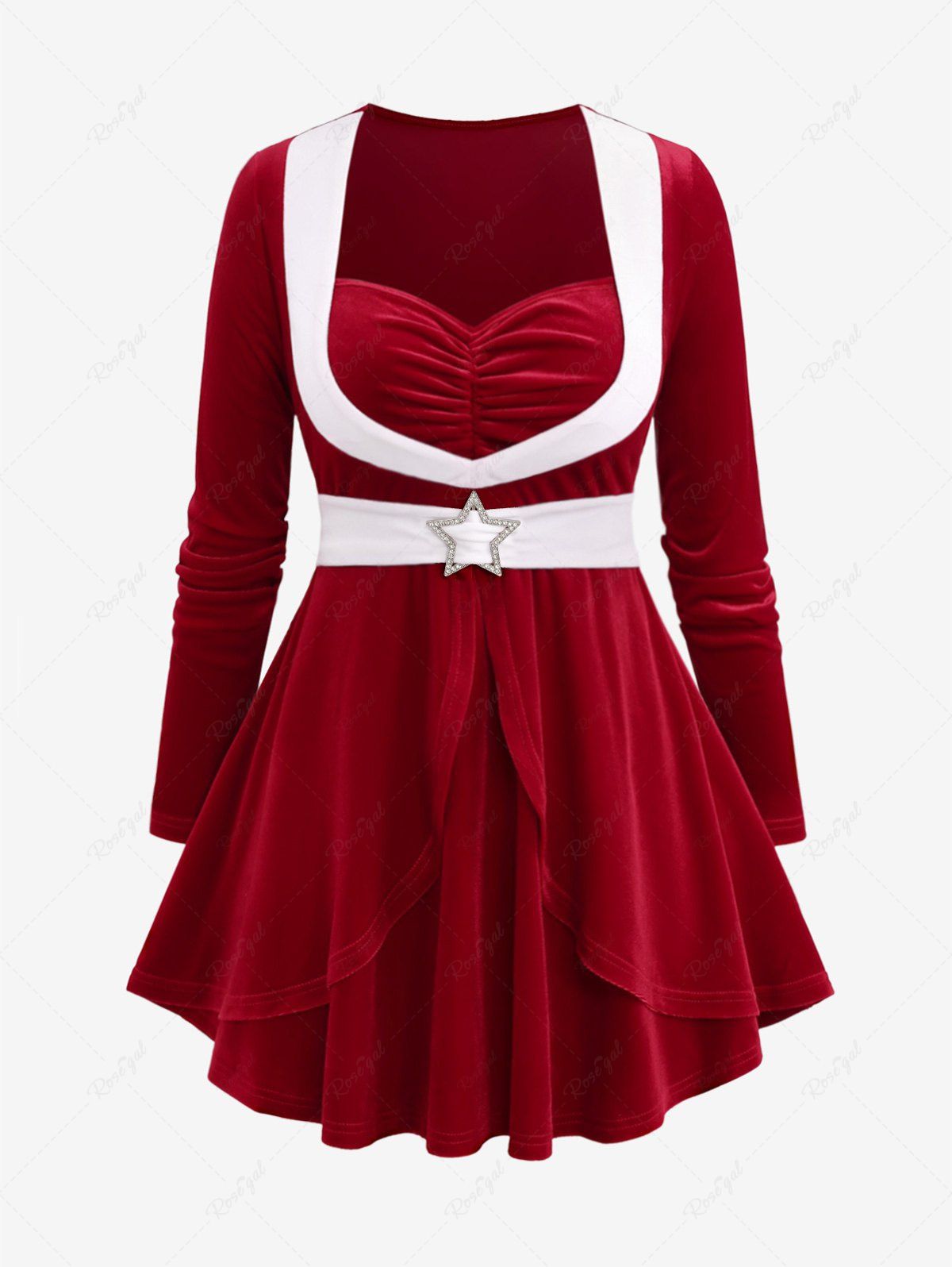 Latest Plus Size Ruffles Ruched Layered Heart Buckle Belted Long Sleeves Velvet Christmas Top  