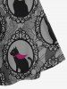 Robe Croisée Chat et Fleur Imprimés de Grande Taille à Bretelle - Noir 3X