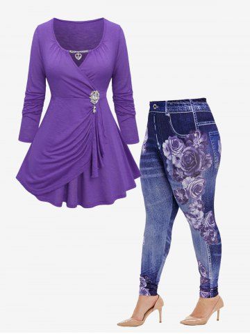 Heart Chain Buckle Ruched Surpliced T-shirt and High Rise Floral Gym 3D Jeggings Plus Size Outfit - PURPLE
