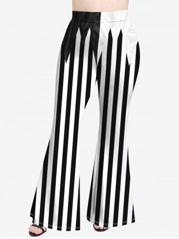 Plus Size Black White Stripes Colorblock Print Flare Pants - BLACK - S