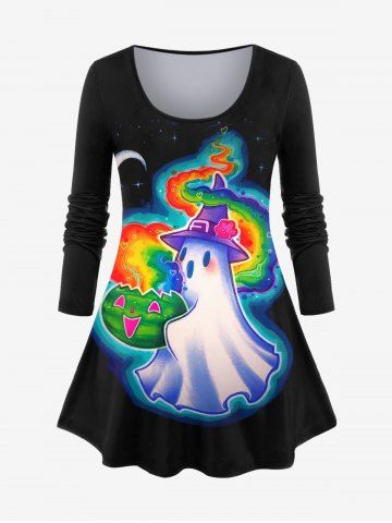 Plus Size Ghost Rainbow Pumpkin Moon Galaxy Print Halloween T-shirt - BLACK - 1X