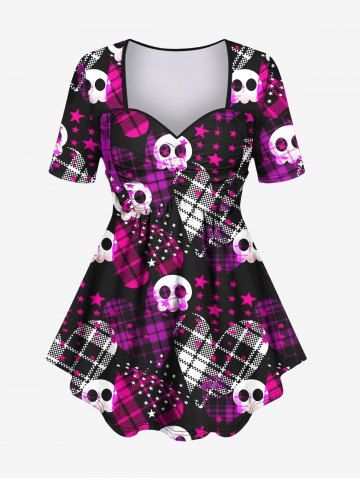 Plus Size Plaid Heart Cute Skull Stars Print Ruched T-shirt - PURPLE - XS