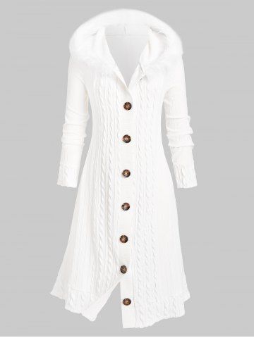 Plus Size Faux Fur Collar Buttons Cable Knit Solid Coat