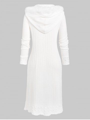 Plus Size Faux Fur Collar Buttons Cable Knit Solid Coat