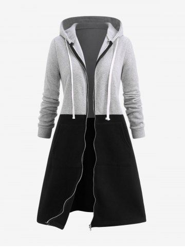 Plus Size Colorblock Zipper Drawstring Hooded Coat - GRAY - XL