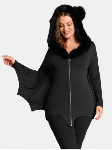 Plus Size Fur Neck Cross Zipper Bat Wing Hooded Coat - BLACK - 3X | US 22-24