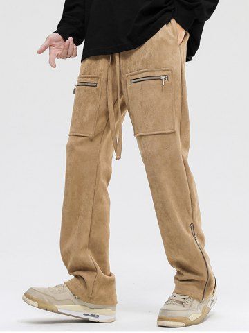 Casual Pocket Zip Decor Faux Suede Drawstring Pants - COFFEE - XXL