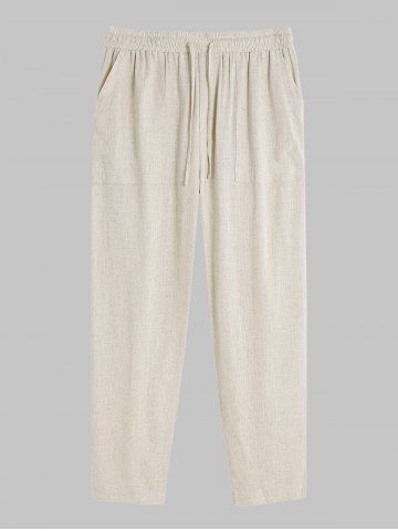 Men's Plain Color Linen Straight Leg Drawstring Casual Pants - LIGHT COFFEE - M