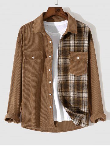 Men's Plaid Spliced Double Flap Pockets Design Button Front Long Sleeves Shacket - COFFEE - M