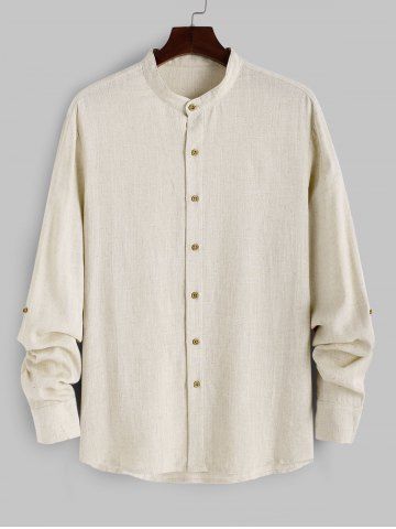 Men's Plain Color Button Front Stand Collar Long Sleeves Linen Shirt - LIGHT COFFEE - XXL