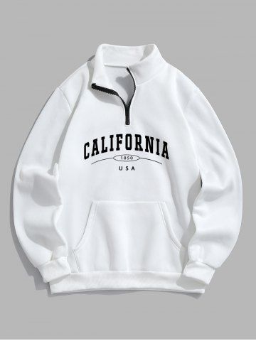 Men's Casual Letter CALIFORNIA Graphic Printed Quarter Zip Thermal Fleece Lined Front Pocket Mock Neck Pullover Sweatshirt - WHITE - L