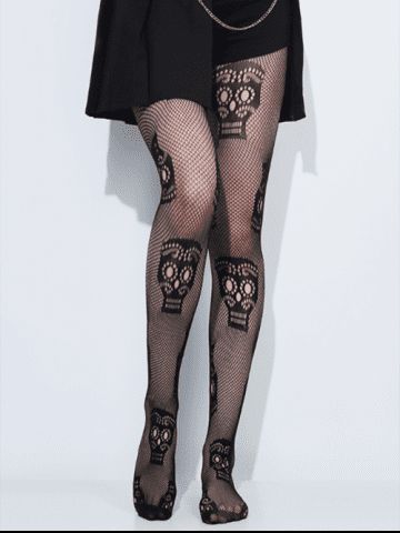 Halloween Skull Skinny Elastic Waist Gothic Black Fishnet Tights - BLACK - ONE SIZE