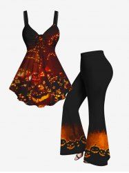 Halloween Pumpkin Glitter Printed Cinched Tank Top and Flare Pants Plus Size Outfit -  