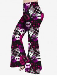 Plus Size Plaid Heart Cute Skull Stars Print Flare Pants -  