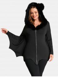 Plus Size Fur Neck Cross Zipper Bat Wing Hooded Coat -  