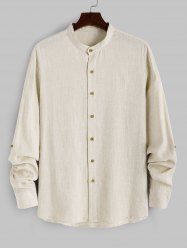 Chemise en Lin de Couleur Unie à Col Montant et Boutonnée sur le Devant pour Hommes - café lumière XXL