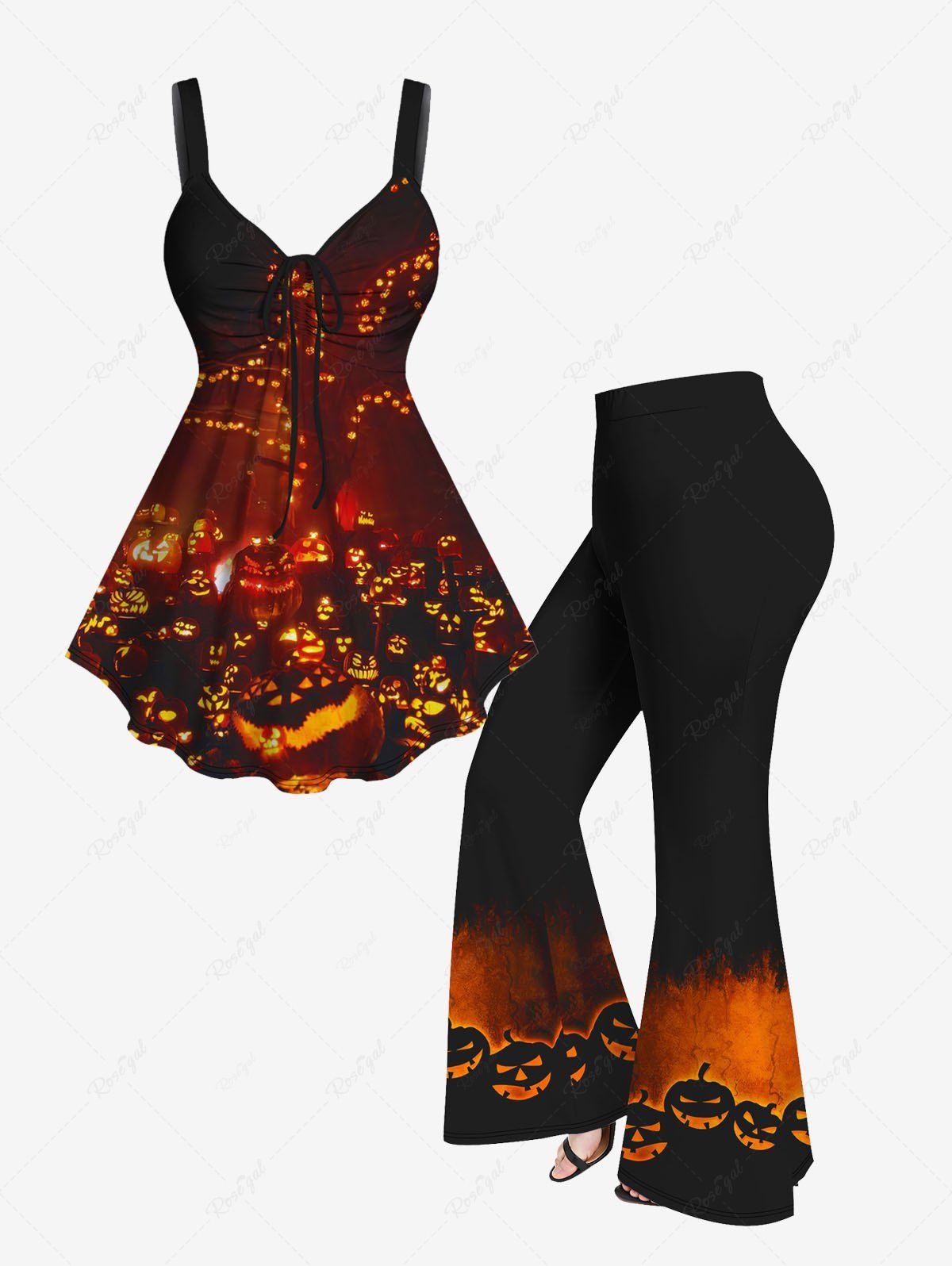 Cheap Halloween Pumpkin Glitter Printed Cinched Tank Top and Flare Pants Plus Size Outfit  